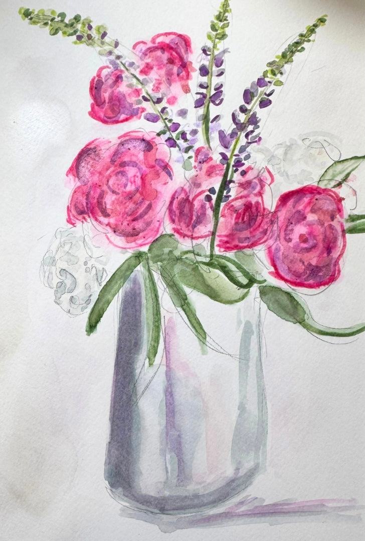 Peonies and Lupins in a Jug watercolour