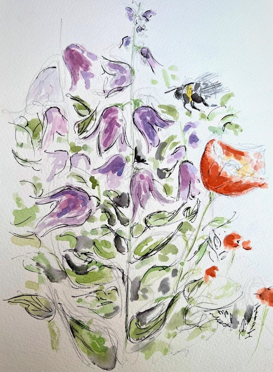 Floral garden, poppies and bees