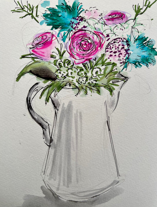 Roses and Blue Thistles - Pocket of Art Watercolour