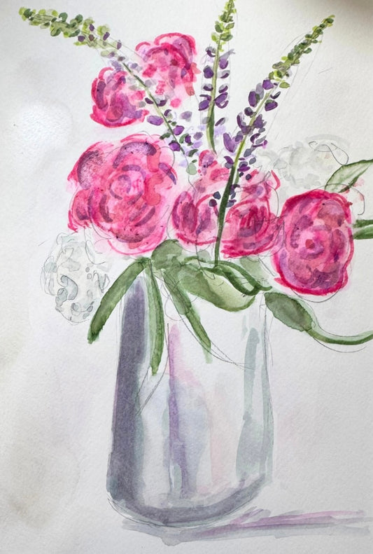 Peonies and Lupins in a Jug watercolour
