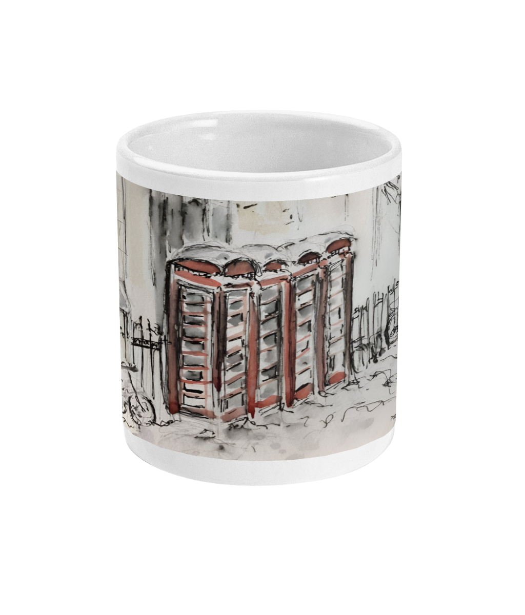 Mug with phone boxes in the snow