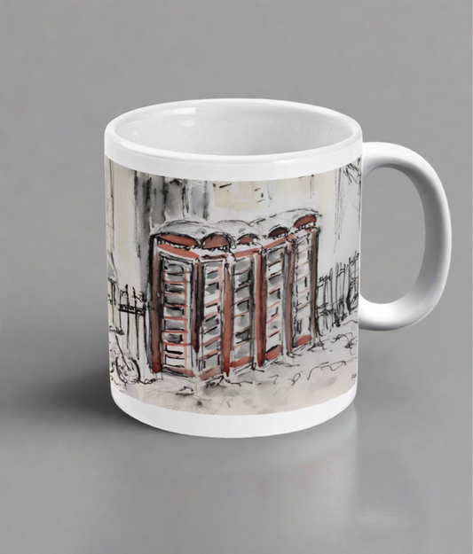 Mug with phone boxes in the snow