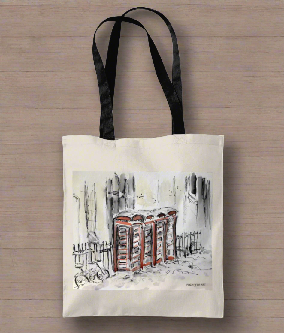 Tote Bag - Phone Boxes in the Snow - Pocket of Art Tote Bags