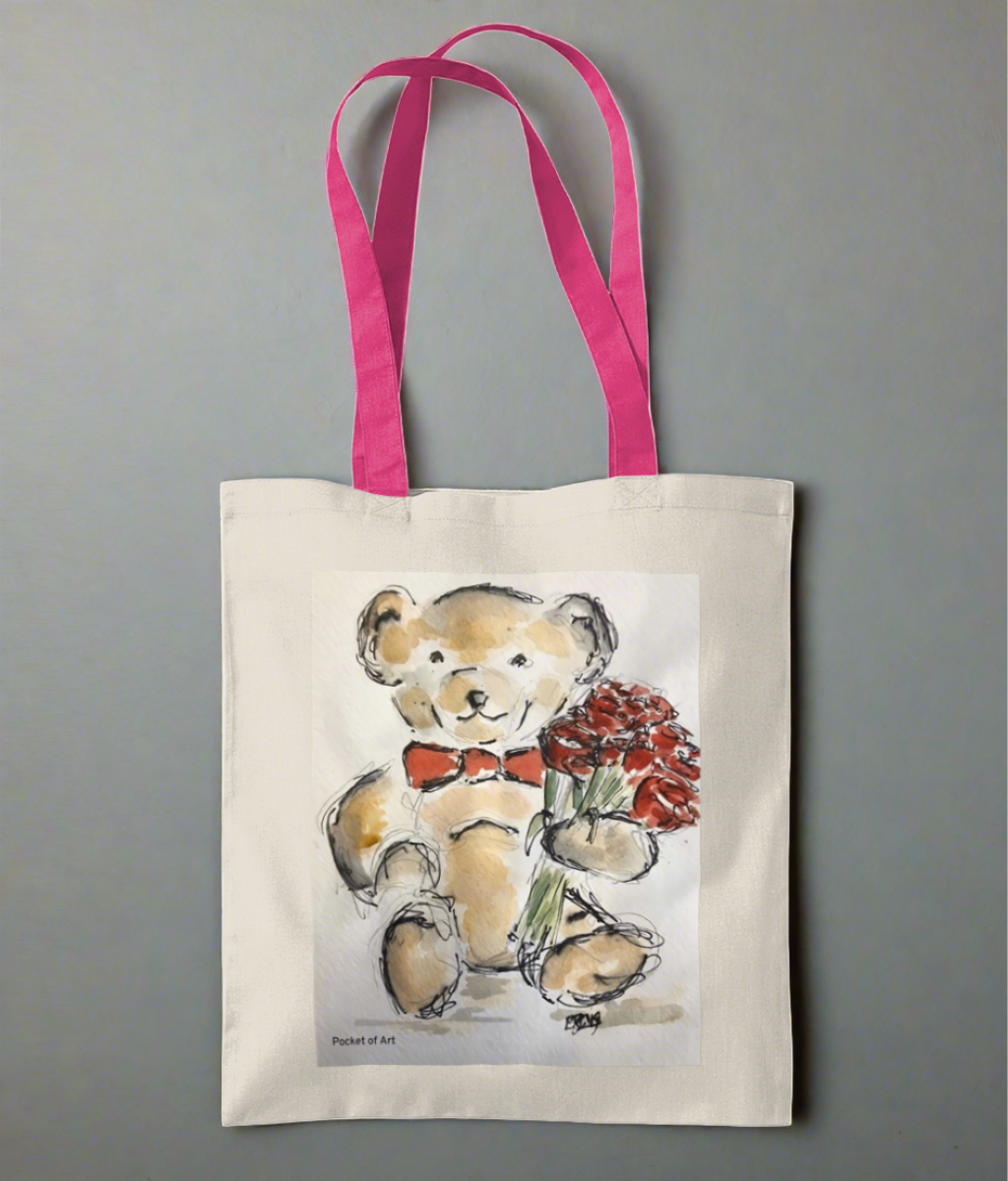 Tote Bag Teddy with Roses - Pocket of Art Tote Bags