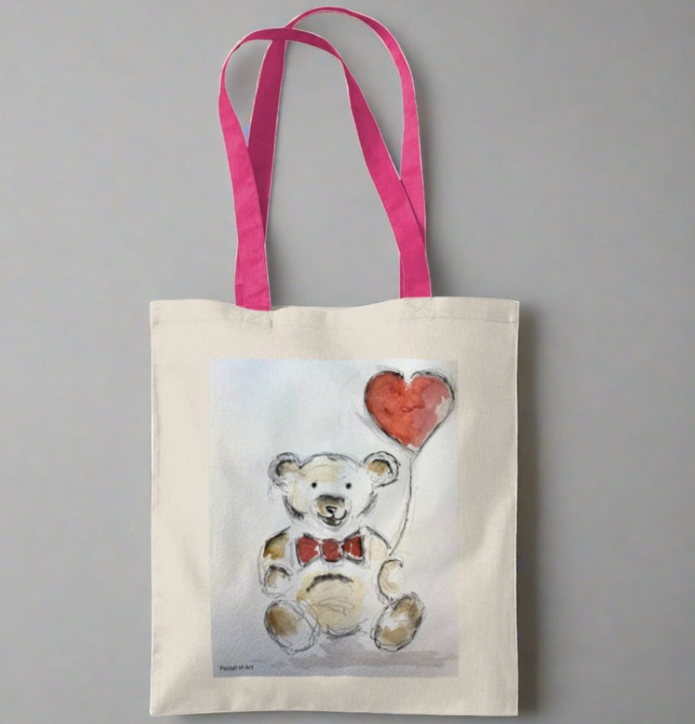 Tote Bag with Teddy and heart balloon - Pocket of Art Tote Bags