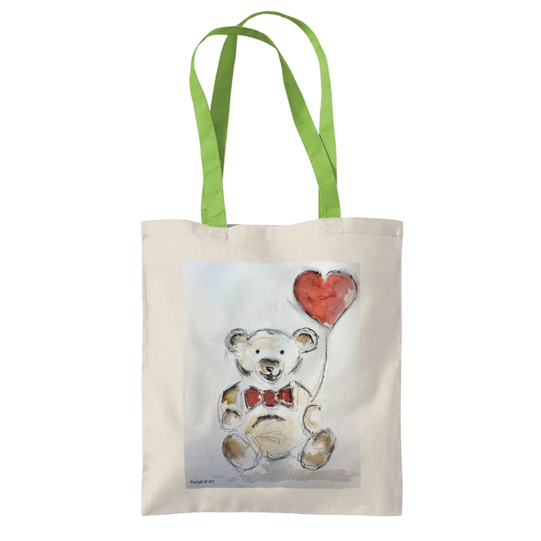 Tote Bag with Teddy and heart balloon - Pocket of Art Tote Bags