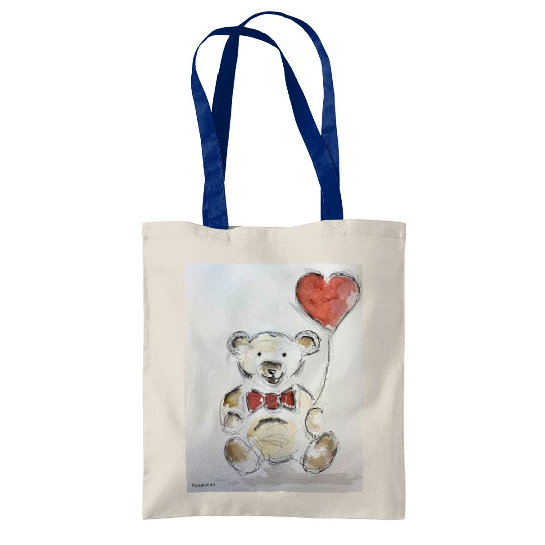 Tote Bag with Teddy and heart balloon - Pocket of Art Tote Bags