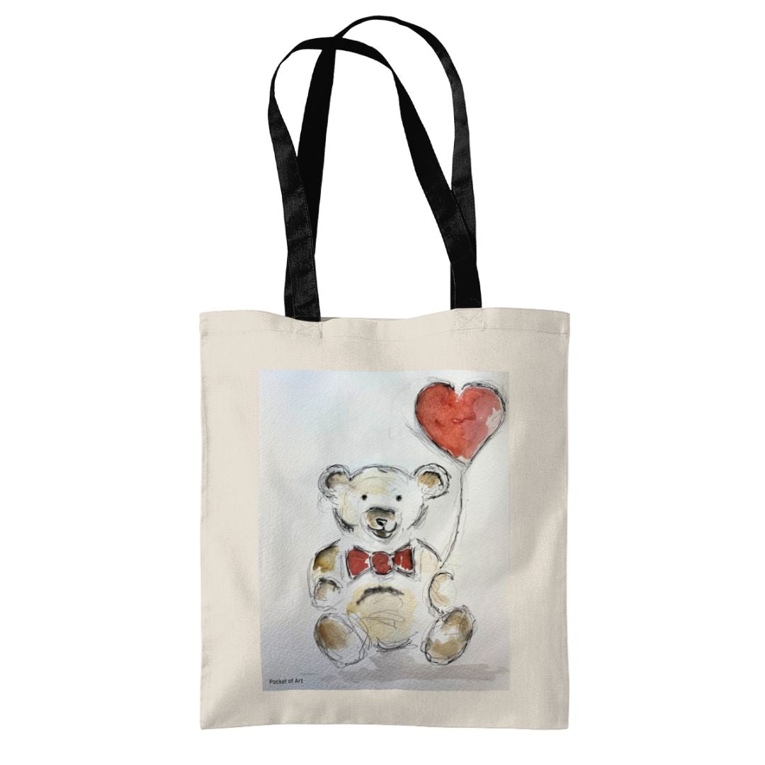 Tote Bag with Teddy and heart balloon - Pocket of Art Tote Bags