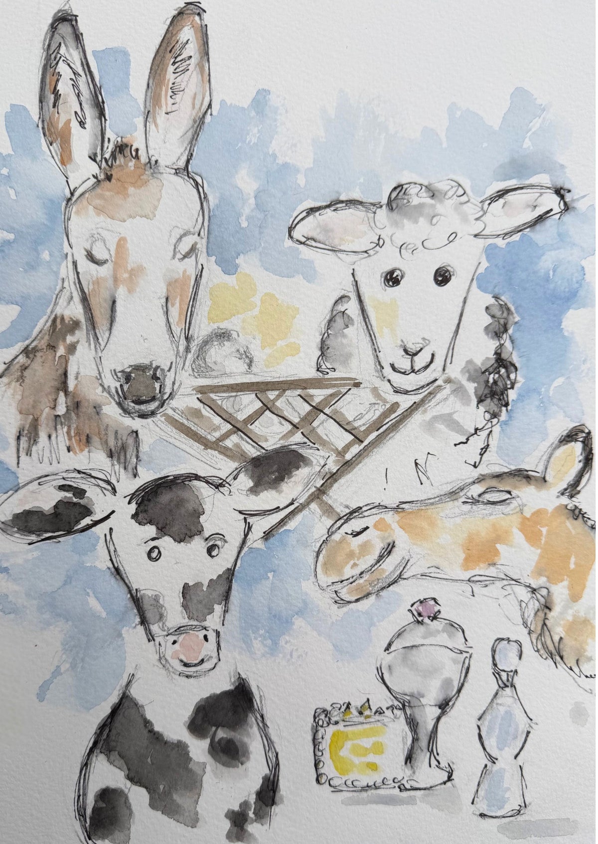 Nativity Animals Scene - Christmas Watercolour