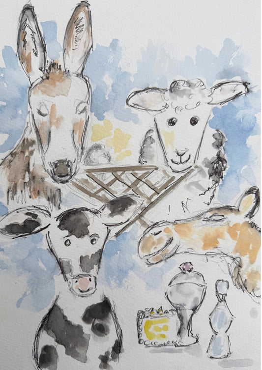 Nativity Animals Scene - Christmas Watercolour