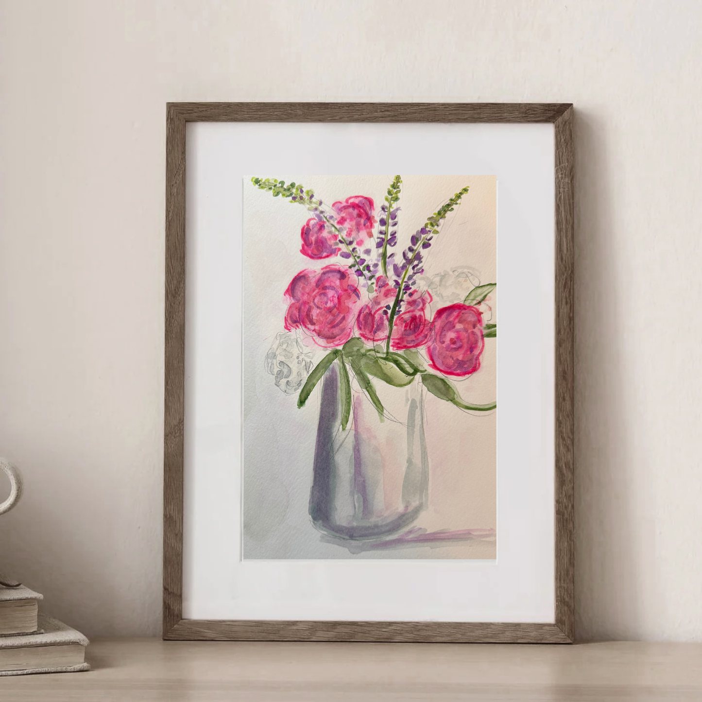 Peonies and Lupins in a Jug watercolour