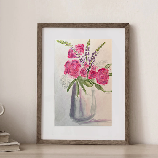 Peonies and Lupins in a Jug watercolour