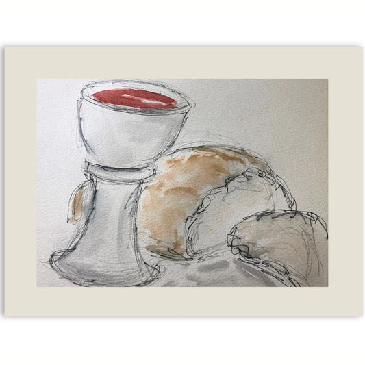 Passover with wine and bread watercolour