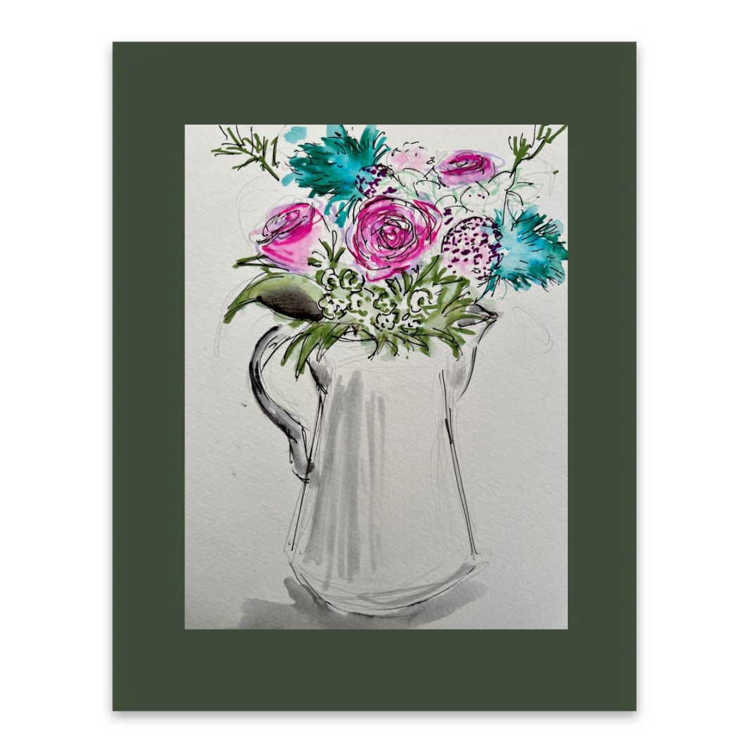Roses and Blue Thistles watercolour