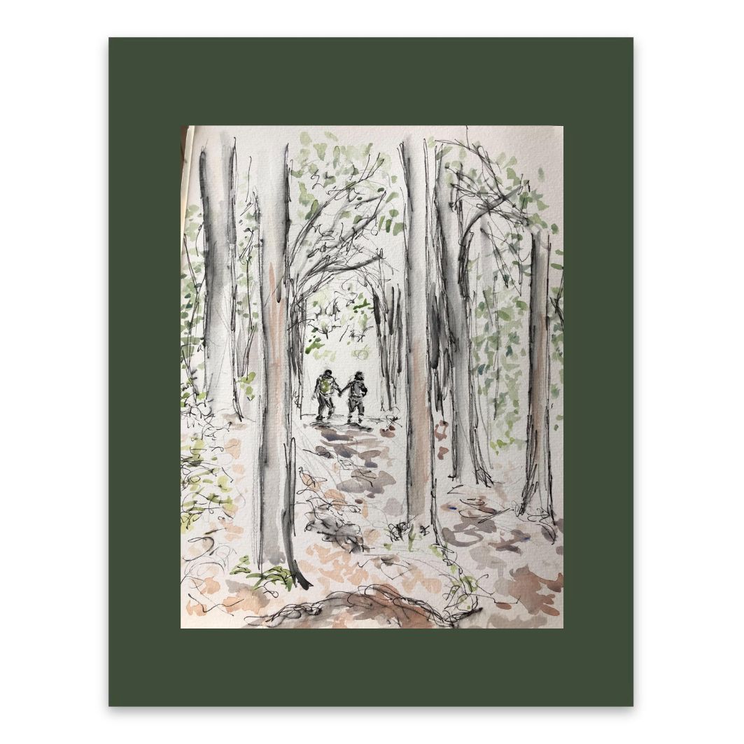 Couple in the woods on the Camino watercolour