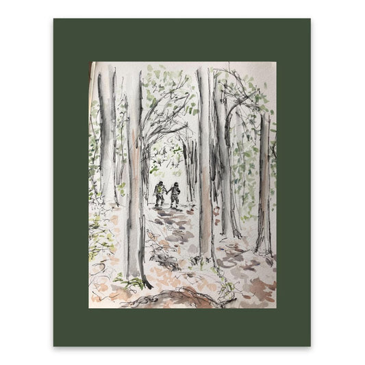 Couple in the woods on the Camino watercolour