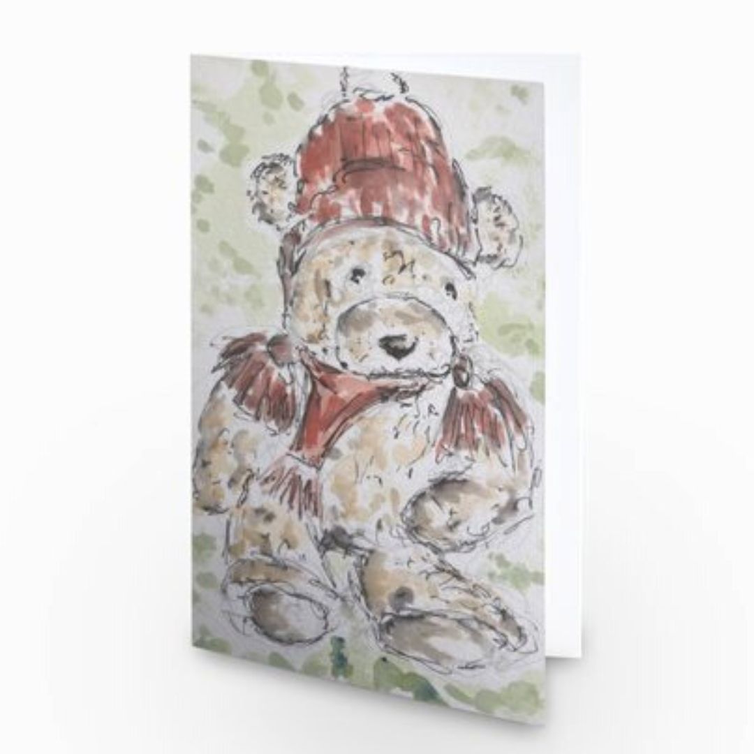 Teddy Bear Wilf Hat and Scarf Greetings Card