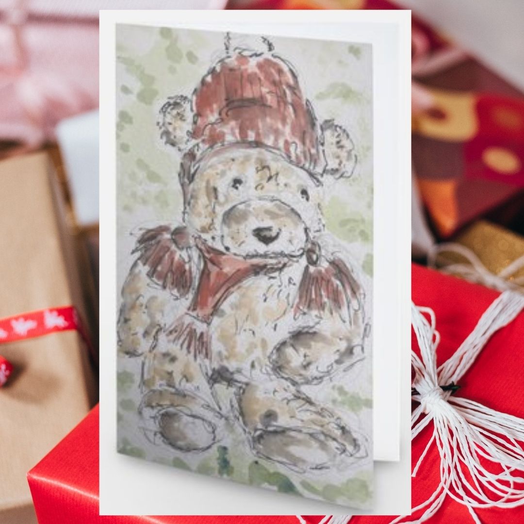 Teddy Bear Wilf Hat and Scarf Greetings Card