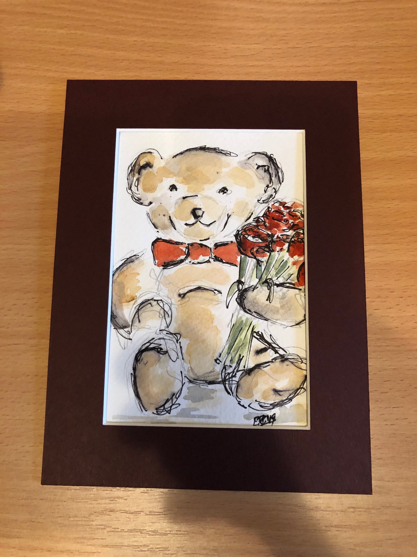 Teddy Bear with Roses watercolour